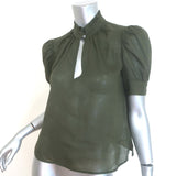 FRAME Deep V Ruffle Collar Top Fatigue Green Size Extra Small Puff Sleeve Blouse