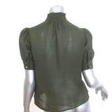 FRAME Deep V Ruffle Collar Top Fatigue Green Size Extra Small Puff Sleeve Blouse