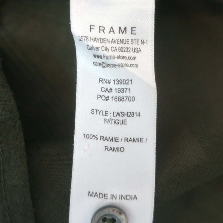 FRAME Deep V Ruffle Collar Top Fatigue Green Size Extra Small Puff Sleeve Blouse