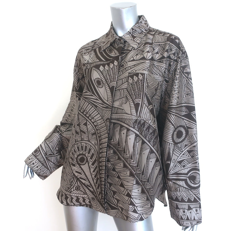Heirlome Oversized Button Down Blouse Brown Jyma Print Silk Size Extra Small