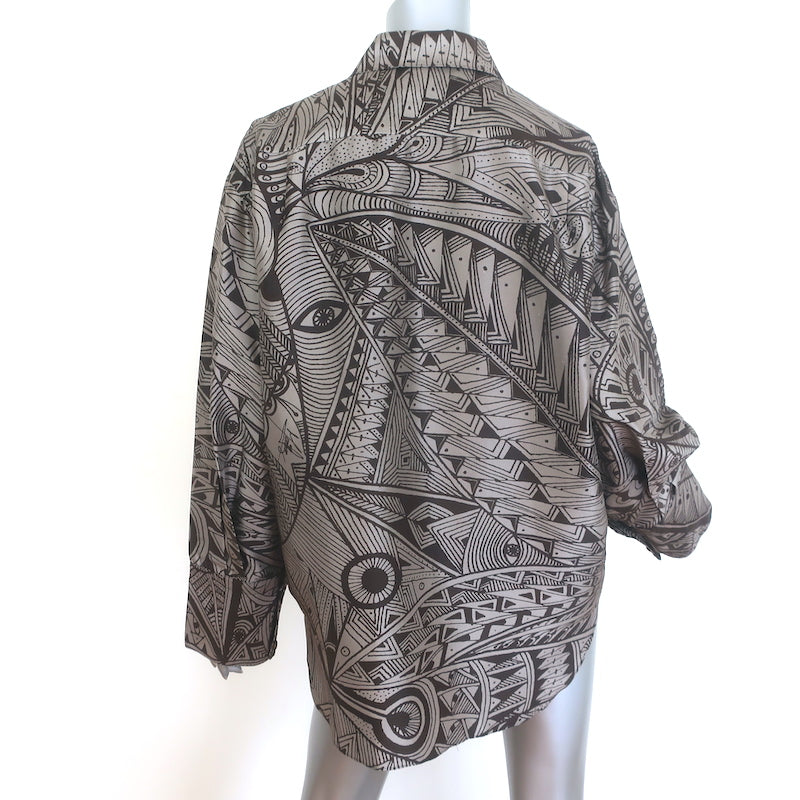 Heirlome Oversized Button Down Blouse Brown Jyma Print Silk Size Extra Small