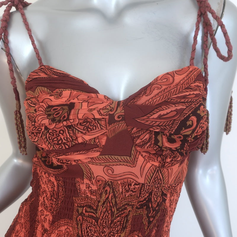 FARM Rio x Anthropologie Drop-Waist Midi Dress Rust/Orange Size Extra Small NEW