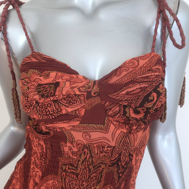 FARM Rio x Anthropologie Drop-Waist Midi Dress Rust/Orange Size Extra Small NEW