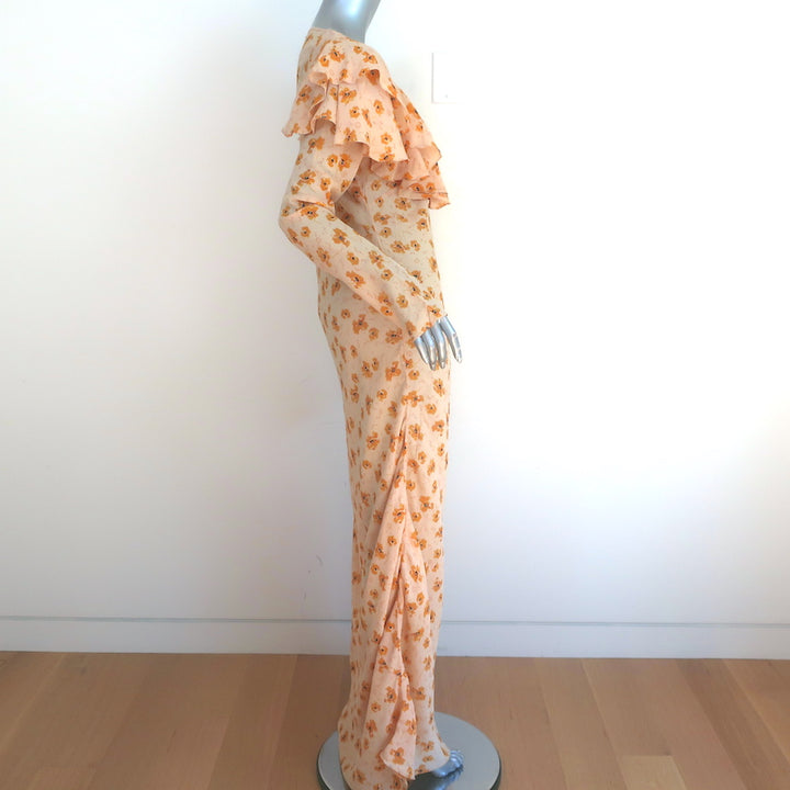 Doen Long Sleeve Ruffled Maxi Dress Light Yellow Floral Print Crepe Size Large