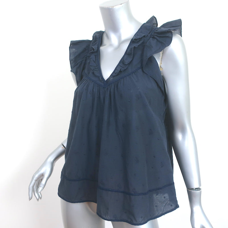 Ulla Johnson Ruffle Tank Top Navy Embroidered Cotton Size 0 Sleeveless Blouse
