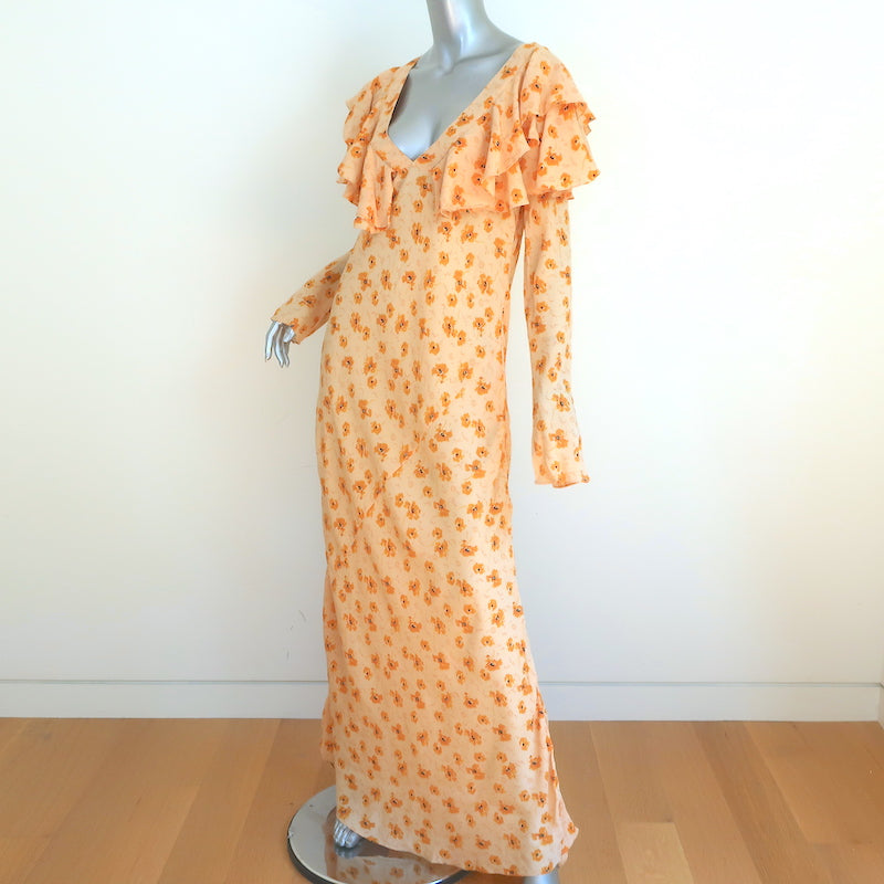 Doen Long Sleeve Ruffled Maxi Dress Light Yellow Floral Print Crepe Size Large