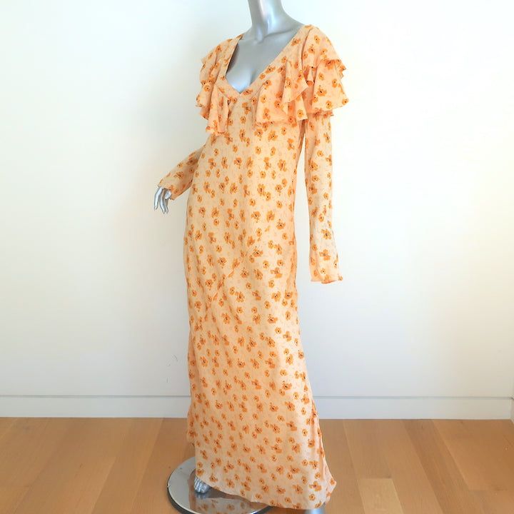 Doen Long Sleeve Ruffled Maxi Dress Light Yellow Floral Print Crepe Size Large