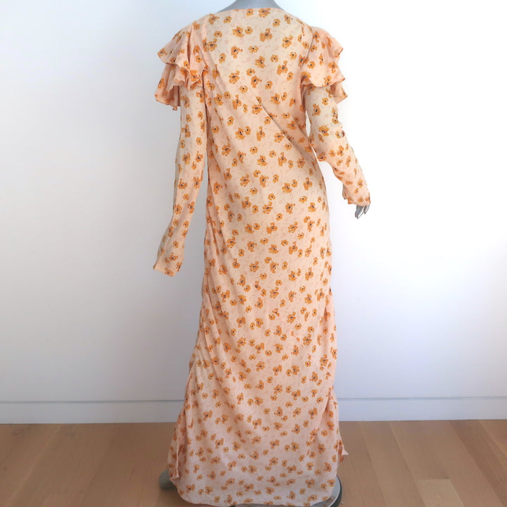 Doen Long Sleeve Ruffled Maxi Dress Light Yellow Floral Print Crepe Size Large