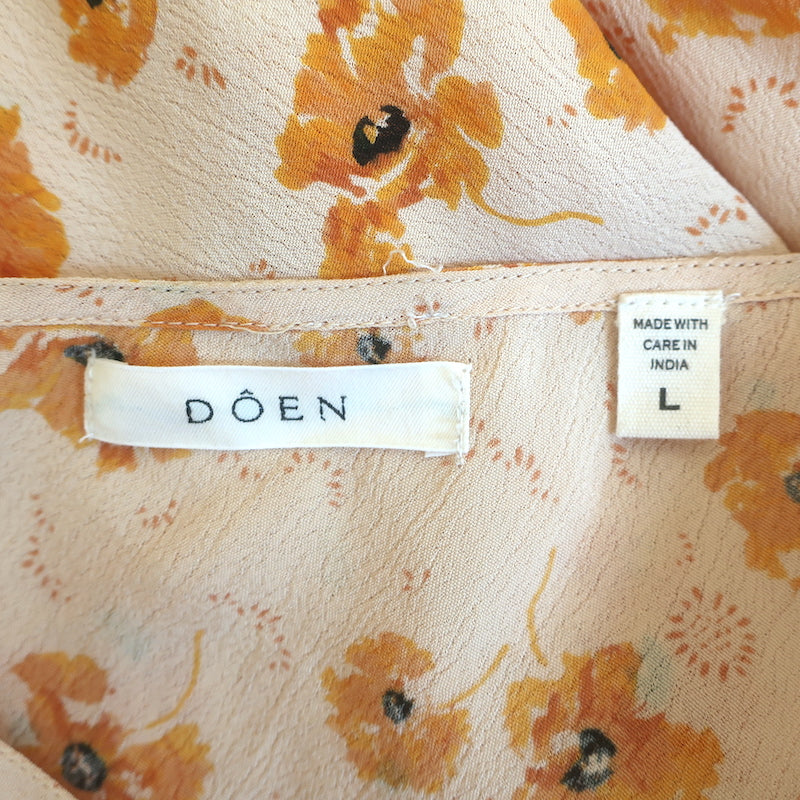 Doen Long Sleeve Ruffled Maxi Dress Light Yellow Floral Print Crepe Size Large