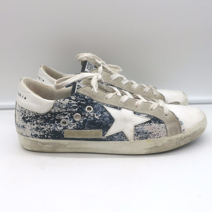 Golden Goose Superstar Jacquard Sneakers White Leather &amp; Blue Knit Size 39