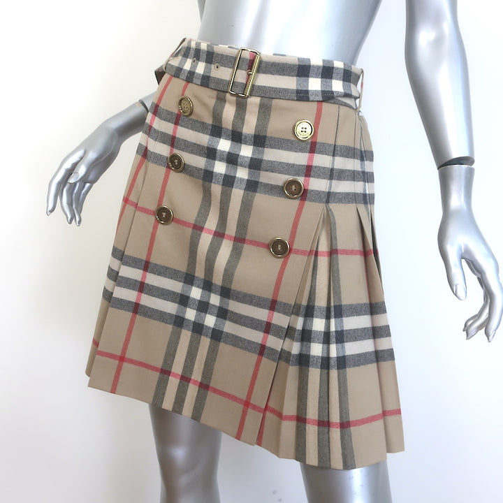 Burberry Nova Check Belted Pleated Skort Beige Stretch Wool Size Small