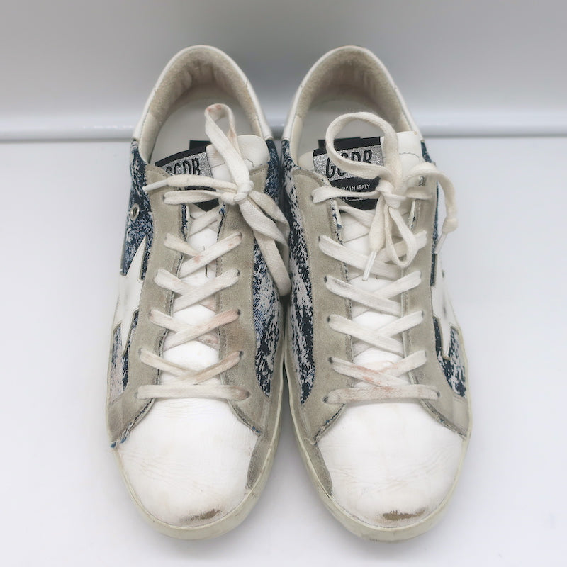 Golden Goose Superstar Jacquard Sneakers White Leather &amp; Blue Knit Size 39