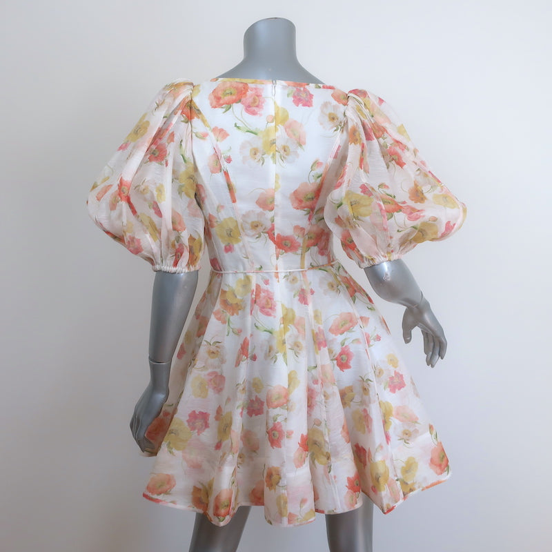 Zimmermann Tranquility Flip Puff Sleeve Mini Dress Cream Floral Print Size 0