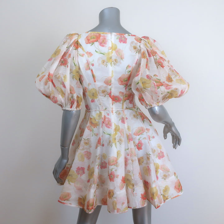 Zimmermann Tranquility Flip Puff Sleeve Mini Dress Cream Floral Print Size 0