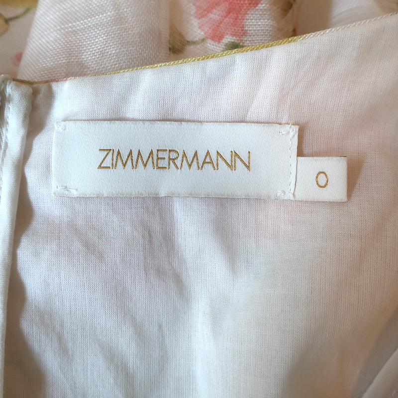 Zimmermann Tranquility Flip Puff Sleeve Mini Dress Cream Floral Print Size 0