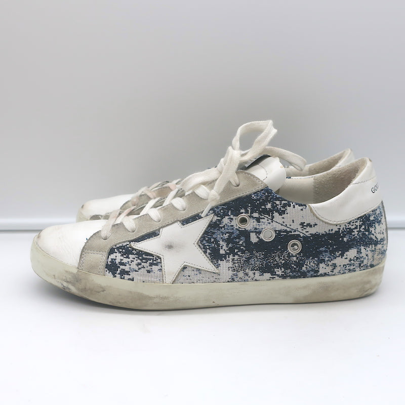 Golden Goose Superstar Jacquard Sneakers White Leather &amp; Blue Knit Size 39