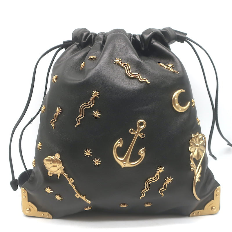 Prada Astrology Medium Crossbody Drawstring Bucket Bag Black Leather