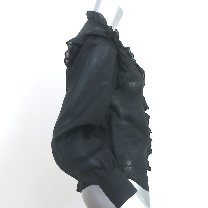 FRAME Lauren Ruffle Blouse Black Ramie Size Extra Small Long Sleeve Top
