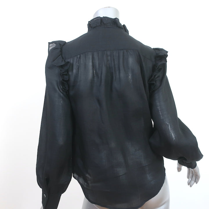 FRAME Lauren Ruffle Blouse Black Ramie Size Extra Small Long Sleeve Top