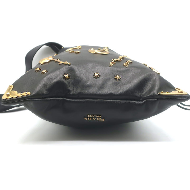 Prada Astrology Medium Crossbody Drawstring Bucket Bag Black Leather