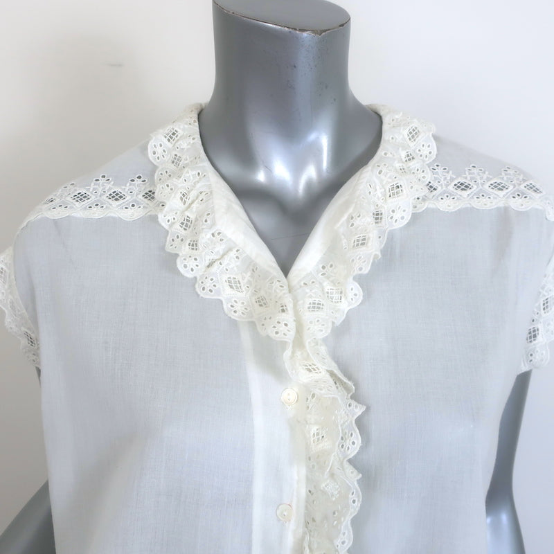 Nili Lotan Leanne Ruffled Lace-Trim Top Cream Size Small Sleeveless Blouse