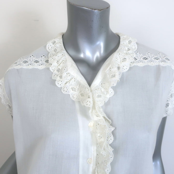 Nili Lotan Leanne Ruffled Lace-Trim Top Cream Size Small Sleeveless Blouse