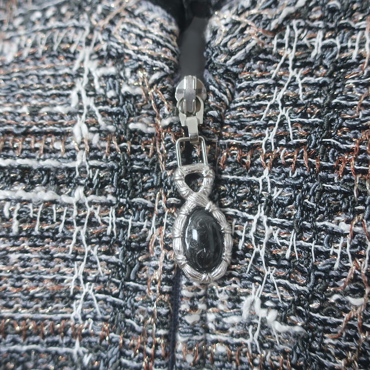 St. John Collection Checked Metallic Tweed Zip-Up Jacket Gray/Rose Gold Size 10