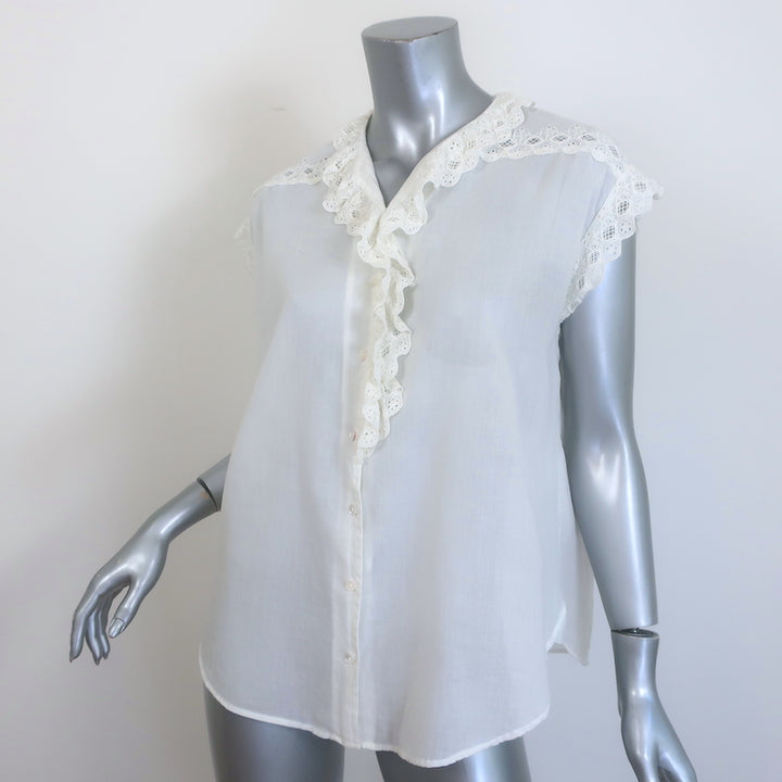 Nili Lotan Leanne Ruffled Lace-Trim Top Cream Size Small Sleeveless Blouse