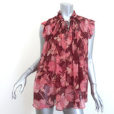 Zimmermann Concert Frilled Tie-Neck Top Burgundy Peonies Print Silk Size 1