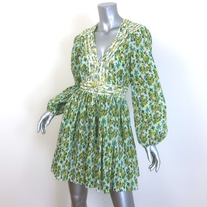 Zimmermann Golden Plisse Long Sleeve Mini Dress Green/Yellow Floral Print Size 2