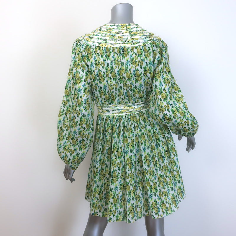Zimmermann Golden Plisse Long Sleeve Mini Dress Green/Yellow Floral Print Size 2