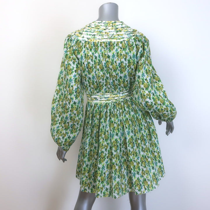 Zimmermann Golden Plisse Long Sleeve Mini Dress Green/Yellow Floral Print Size 2