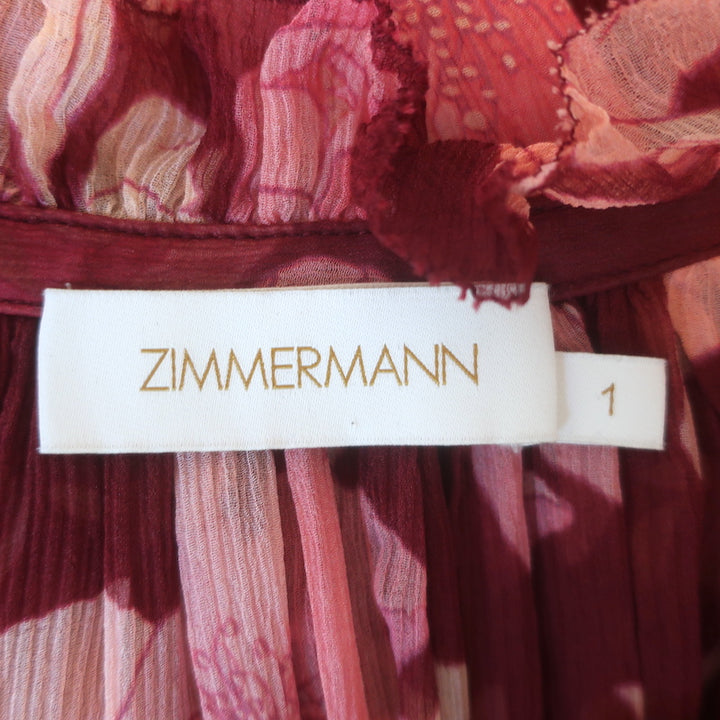 Zimmermann Concert Frilled Tie-Neck Top Burgundy Peonies Print Silk Size 1