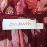 Zimmermann Concert Frilled Tie-Neck Top Burgundy Peonies Print Silk Size 1