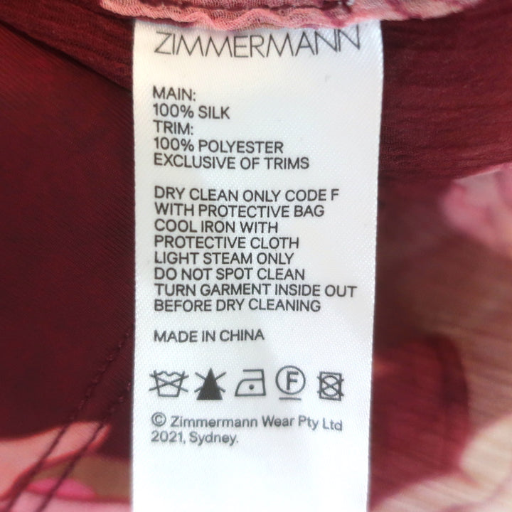 Zimmermann Concert Frilled Tie-Neck Top Burgundy Peonies Print Silk Size 1