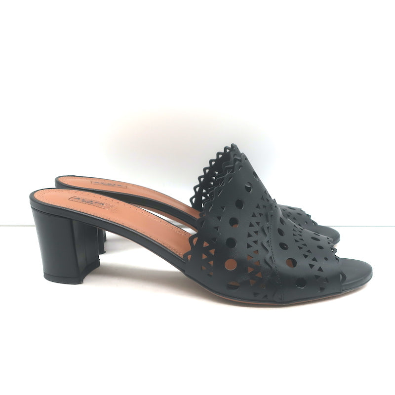Alaia Vienne Laser Cut Leather Mules Black Size 41 Open Toe Heels