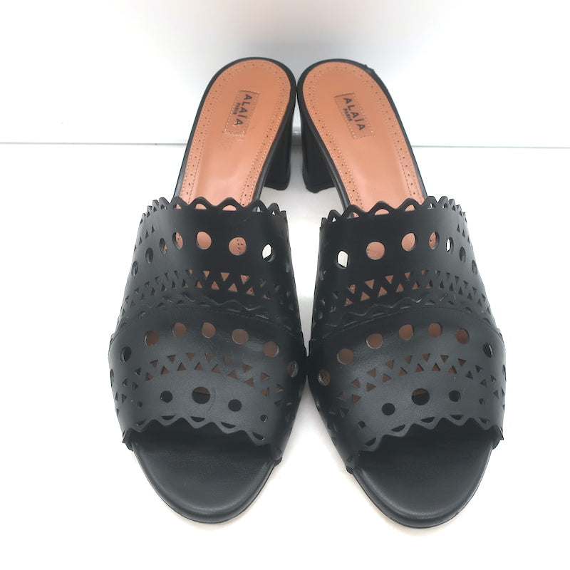 Alaia Vienne Laser Cut Leather Mules Black Size 41 Open Toe Heels