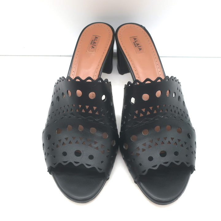 Alaia Vienne Laser Cut Leather Mules Black Size 41 Open Toe Heels