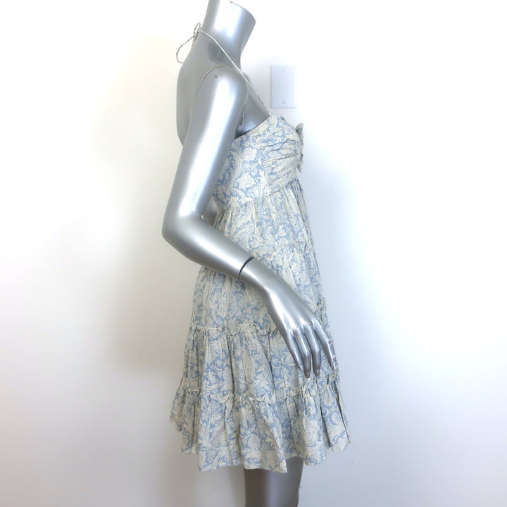 Zimmermann Helm Tiered Mini Dress Blue/Cream Printed Linen-Cotton Size 0