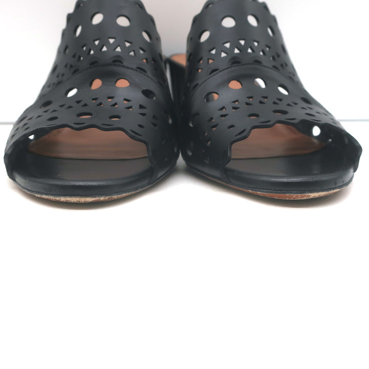 Alaia Vienne Laser Cut Leather Mules Black Size 41 Open Toe Heels