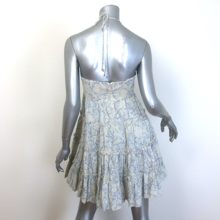 Zimmermann Helm Tiered Mini Dress Blue/Cream Printed Linen-Cotton Size 0