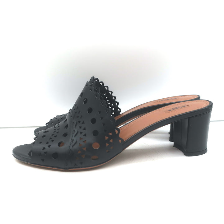 Alaia Vienne Laser Cut Leather Mules Black Size 41 Open Toe Heels