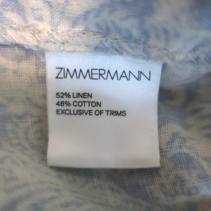 Zimmermann Helm Tiered Mini Dress Blue/Cream Printed Linen-Cotton Size 0