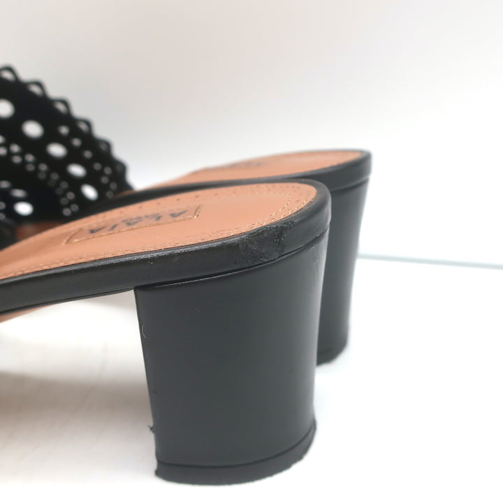 Alaia Vienne Laser Cut Leather Mules Black Size 41 Open Toe Heels