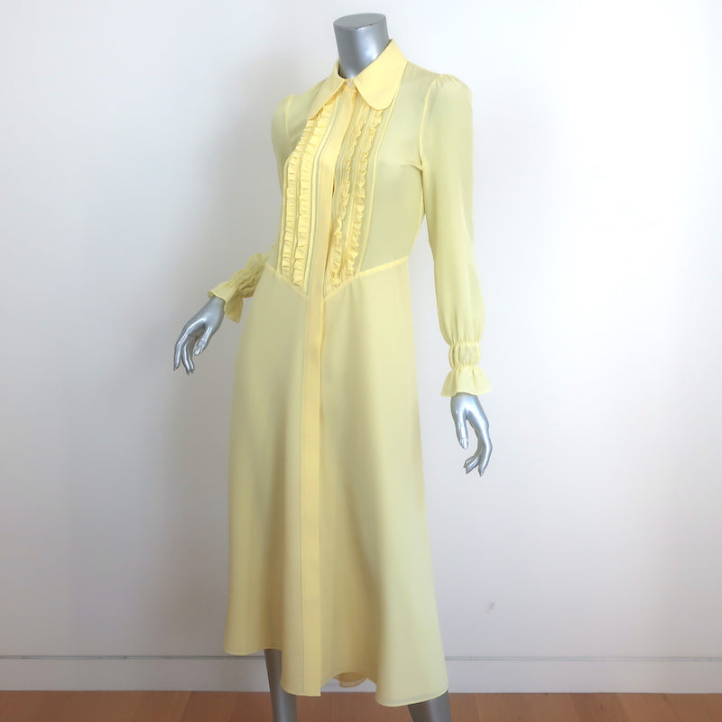 Victoria Beckham Ruffle-Bib Long Sleeve Midi Dress Light Yellow Silk Size US 2