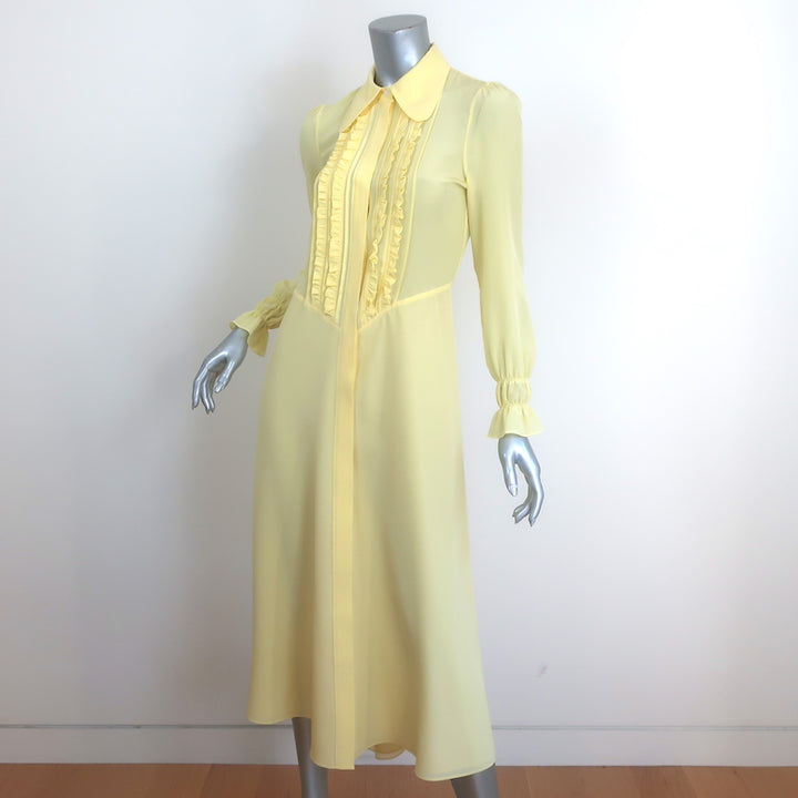 Victoria Beckham Ruffle-Bib Long Sleeve Midi Dress Light Yellow Silk Size US 2