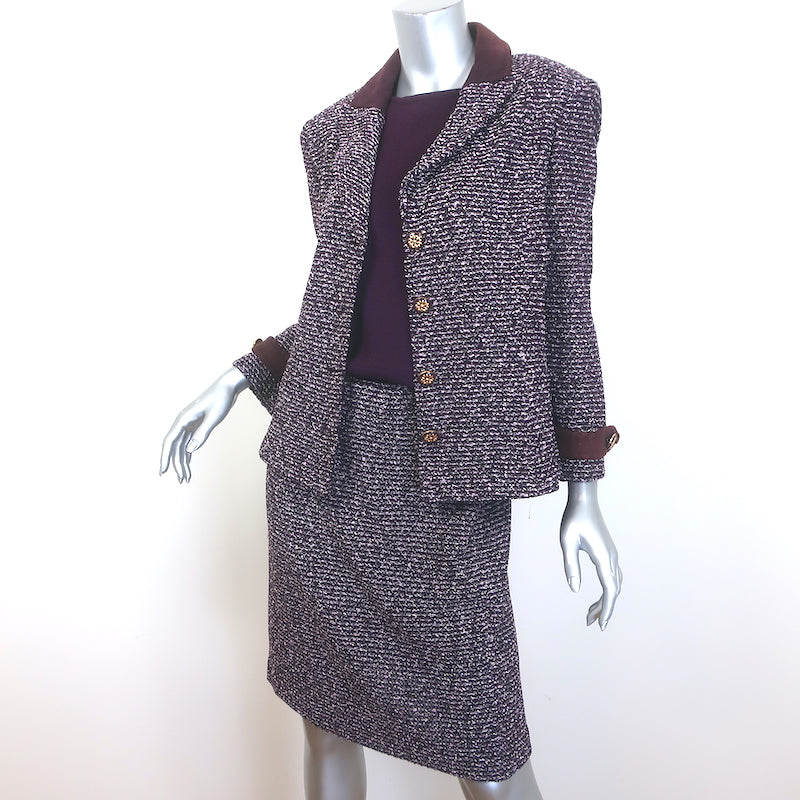 St. John Collection Suede-Trim Tweed Three-Piece Skirt Suit Purple Size 8