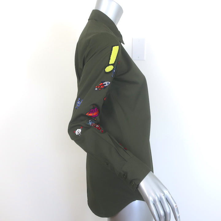 Mira Mikati Embroidered Button Down Shirt Olive Cotton Size US 4 Long Sleeve Top