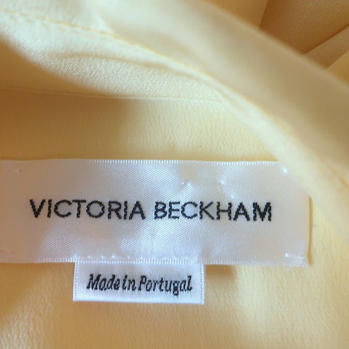 Victoria Beckham Ruffle-Bib Long Sleeve Midi Dress Light Yellow Silk Size US 2