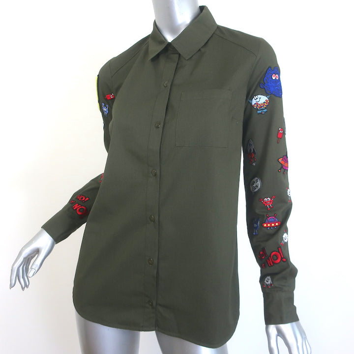 Mira Mikati Embroidered Button Down Shirt Olive Cotton Size US 4 Long Sleeve Top